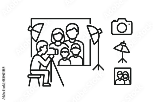 Professional photographer capturing a family portrait session in a photo studio setup