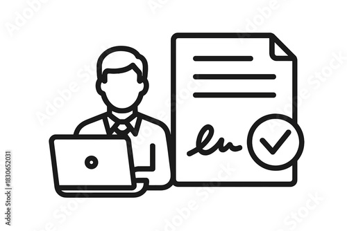 Professional signing digital contract on laptop with approval checkmark