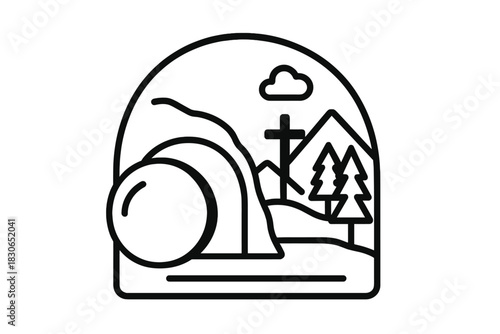 Empty tomb of Jesus Christ with a cross on the hill representing resurrection