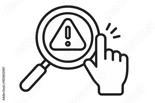 Magnifying glass searching for a warning sign or error message with a clicking hand cursor