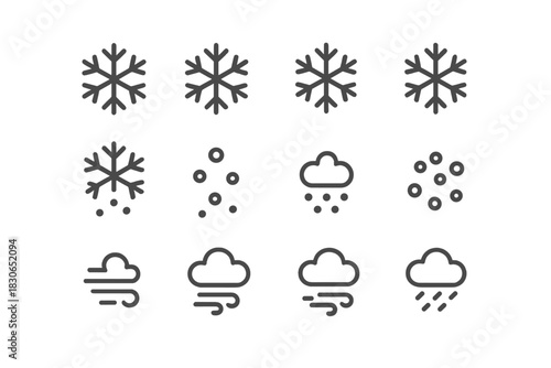 Collection of outline symbols for winter weather and precipitation types