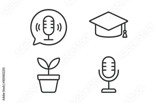 Minimalist line icons set featuring microphone, speech bubble, graduation cap, and potted plant
