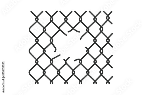 Simple graphic of a damaged chain link fence with a large hole in the middle