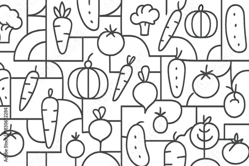 Seamless pattern of fresh organic vegetables in a modern geometric outline style