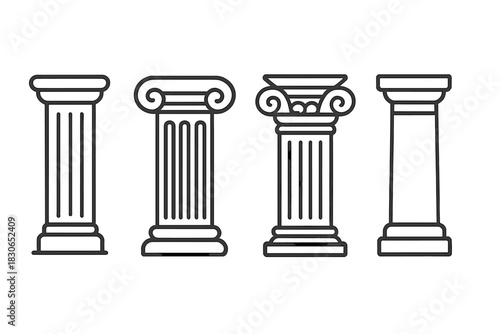 Set of ancient Greek and Roman architectural columns in outline style