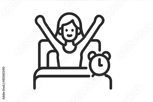 Simple graphic depicting a person waking up in bed and stretching arms after the alarm clock rings