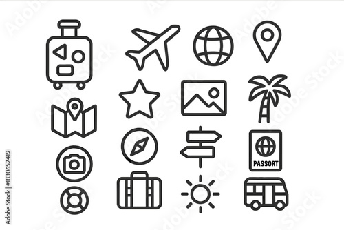 Outline icons collection representing travel, tourism, vacation, and global adventure elements