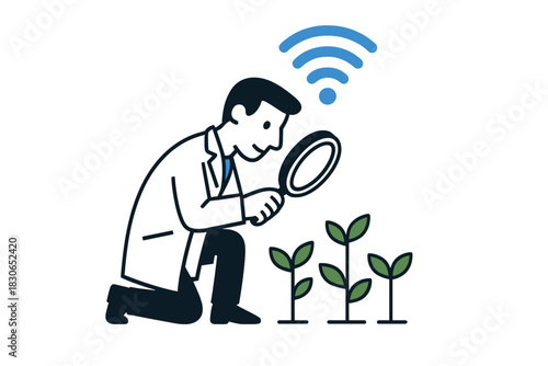 Scientist examining plant growth with magnifying glass and wireless connectivity symbol