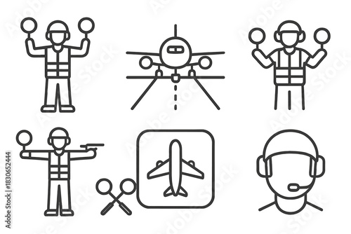 Airport ground crew and aviation symbols for air traffic control and flight operations