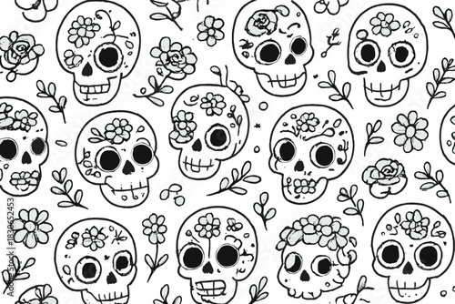 Seamless pattern of hand drawn sugar skulls decorated with flowers and leaves
