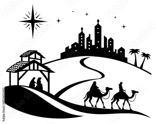 Nativity Scene with Wise Men SVG, Bethlehem Star Three Kings Journey Silhouette, Christmas Nativity Clipart PNG DXF EPS