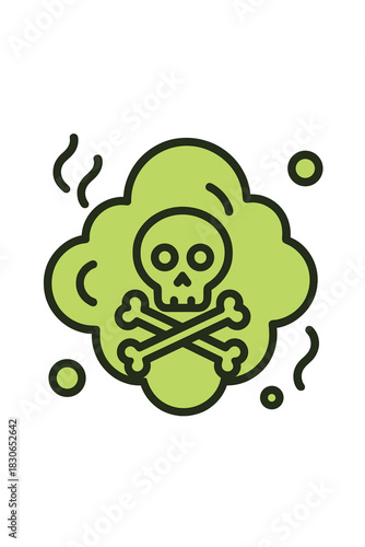 Skull and crossbones symbol surrounded by toxic green gas cloud warning sign
