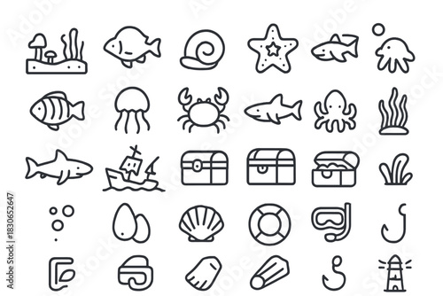 Detailed set of marine animals, diving equipment, and sunken ocean treasures