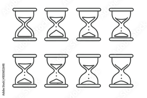 Set of eight outline hourglass and sand clock icons representing time management and deadlines