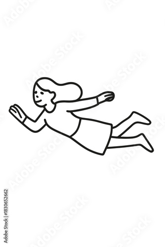 Smiling young woman floating or flying horizontally with arms extended forward