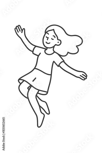 Cheerful young woman floating happily with arms outstretched in mid-air movement
