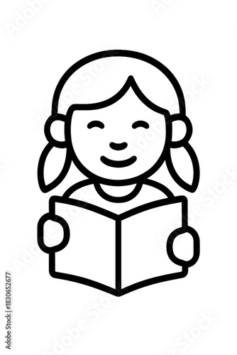 Happy young girl with pigtails reading an open book, symbolizing education and literacy