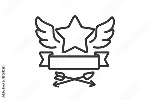 Stylized star emblem with wings banner ribbon and crossed arrows outline icon