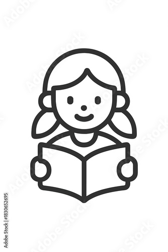 Minimalist black and white line art of a smiling young girl with pigtails reading an open book