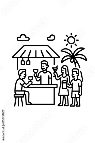 Tropical beach bar scene with people drinking cocktails and socializing outdoors in the summer sun