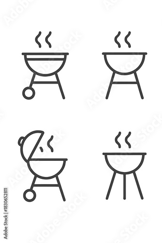 Outline symbols showing various styles of hot smoking barbecue grills used for outdoor cooking