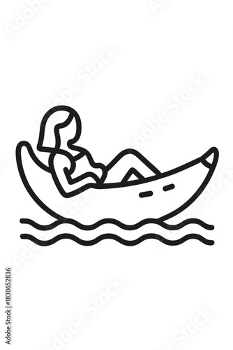 Minimalist outline of a person relaxing on a banana floatie over wavy water