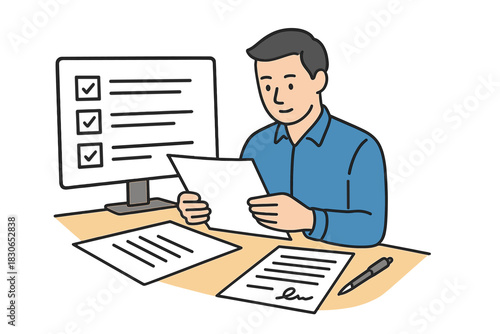 Professional man reviewing documents and checking off completed tasks on a computer screen