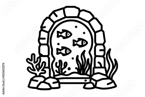 Black and white outline of an underwater stone archway, swimming fish, and marine plants