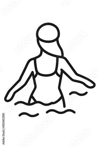 Minimalist black line art of a woman in a bathing suit swimming or wading in water