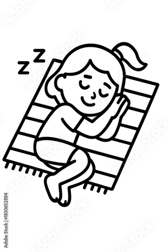 Cute child sleeping soundly on a mat with Zzz symbols indicating deep rest