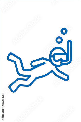 Blue outline of a swimmer underwater with snorkel mask and rising bubbles