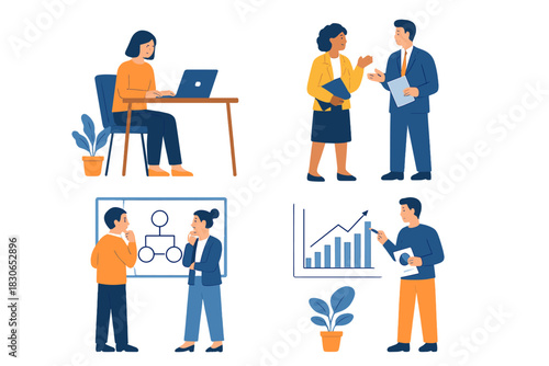 Diverse business professionals working on data analysis, teamwork, and corporate strategy