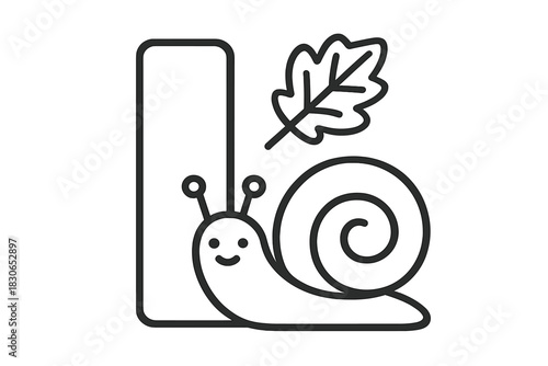 Happy cartoon snail mascot standing next to capital letter L and falling oak leaf