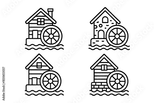 Four distinct outline icons depicting traditional water mills with turning water wheels