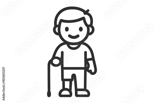 Happy person standing and using a walking stick for mobility support and accessibility symbol