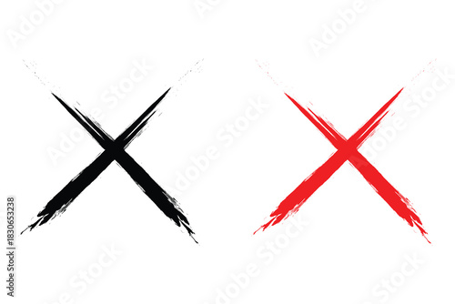 Red cross sign on transparent background. Red cross marker.  Hand-painted red wrong signs. Red crosses brush stroke.