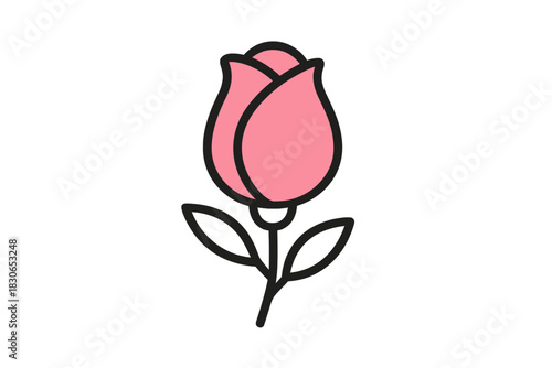 Minimalist pink rosebud flower with thick black outline isolated on white background