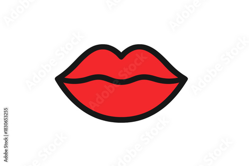 Stylized icon of closed female lips painted with bright red lipstick on a white background