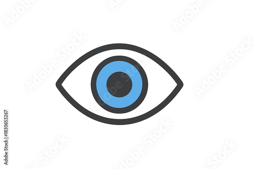 Simple stylized human eye with blue iris and dark pupil on a white background