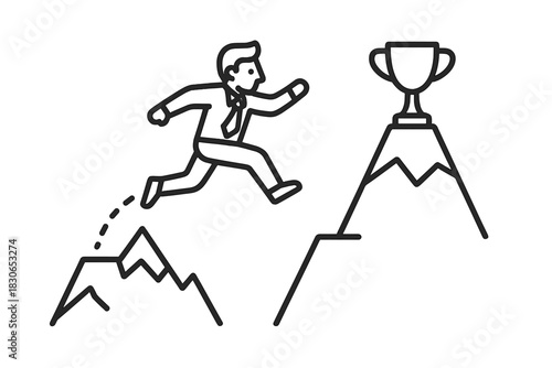 Determined businessman leaping across a gap between mountain peaks toward a golden trophy