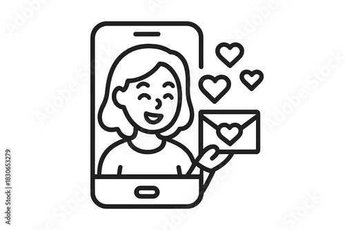 Smiling woman on a mobile screen holding a heart envelope and floating love symbols