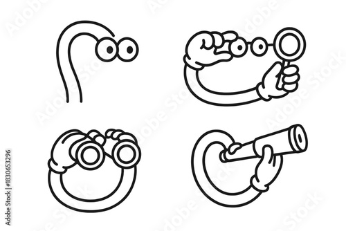 Retro cartoon eyes and hands with optical devices for searching and observation