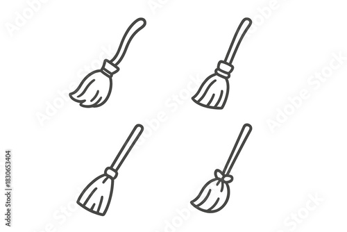 Simple outline brooms for witchcraft, magic, or household cleaning
