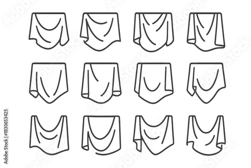 Collection of simple outline icons showing various forms of draped cloth, fabric, and textile material folds and wrinkles