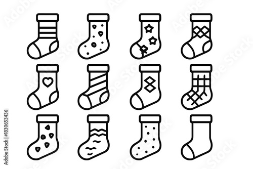 Twelve patterned Christmas stockings outline icons set for holiday design