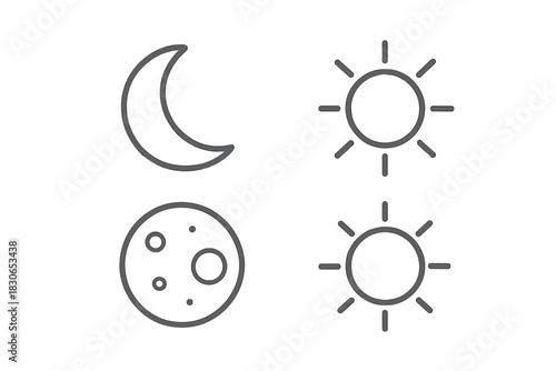 Simple line icons of celestial bodies: sun, crescent moon, and full moon