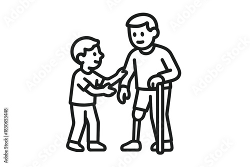 Young person assisting an adult with a prosthetic leg and walking cane, showing support and care