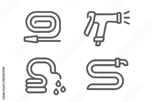Coiled garden hose, spray gun, hose with running water, and connected hose