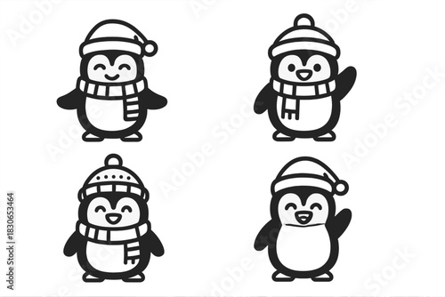 Four adorable cartoon penguins wearing winter hats and scarves celebrating the holiday season