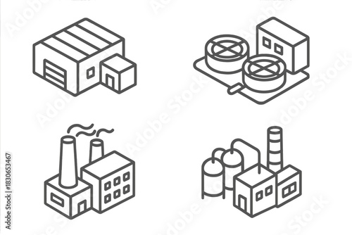Isometric industrial buildings set including factory, warehouse, chemical plant, and water treatment facility